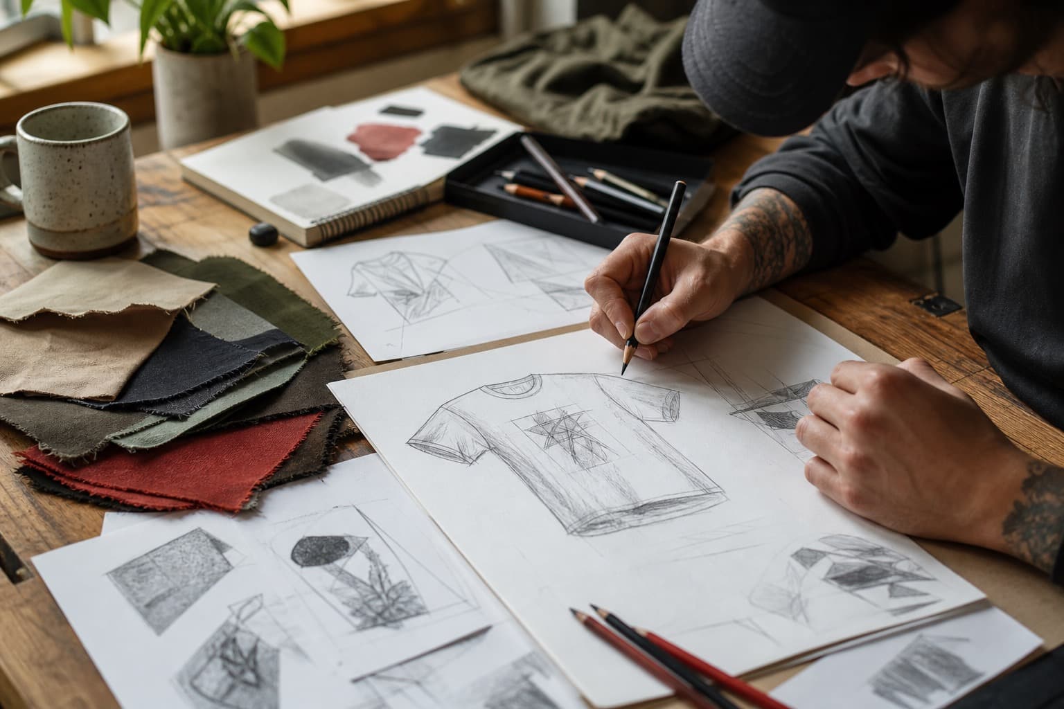 A designer sketching a new CanCraft tee